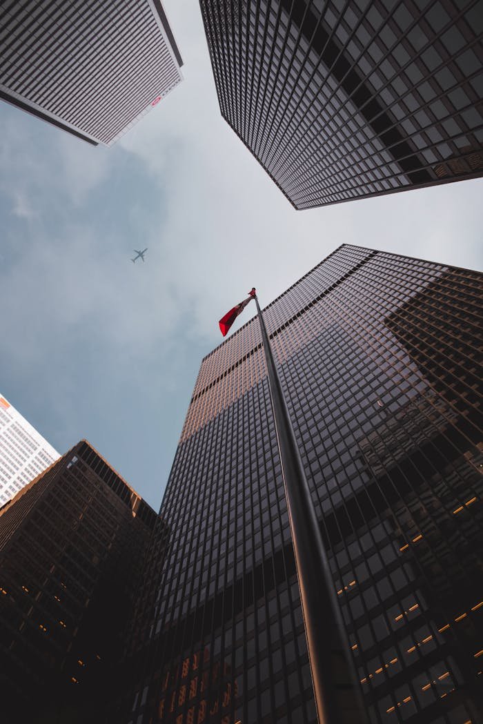 Low angle of modern skyscrapers with a Canadian flag in downtown Toronto.